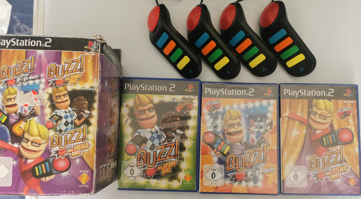 Buzz Triple Pack Quiz inkl Buzz Buzzer Buzz Das Pop Quiz Buzz Sports Quiz Buzz The Mega Quiz (Playstation 2) [Sehr Gut]